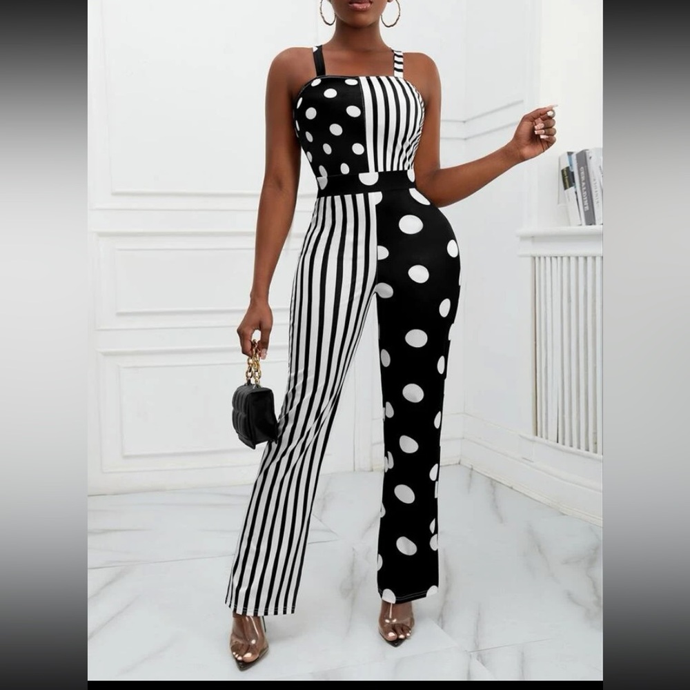 Vertical Striped & Polka Dot Print Cami Jumpsuit